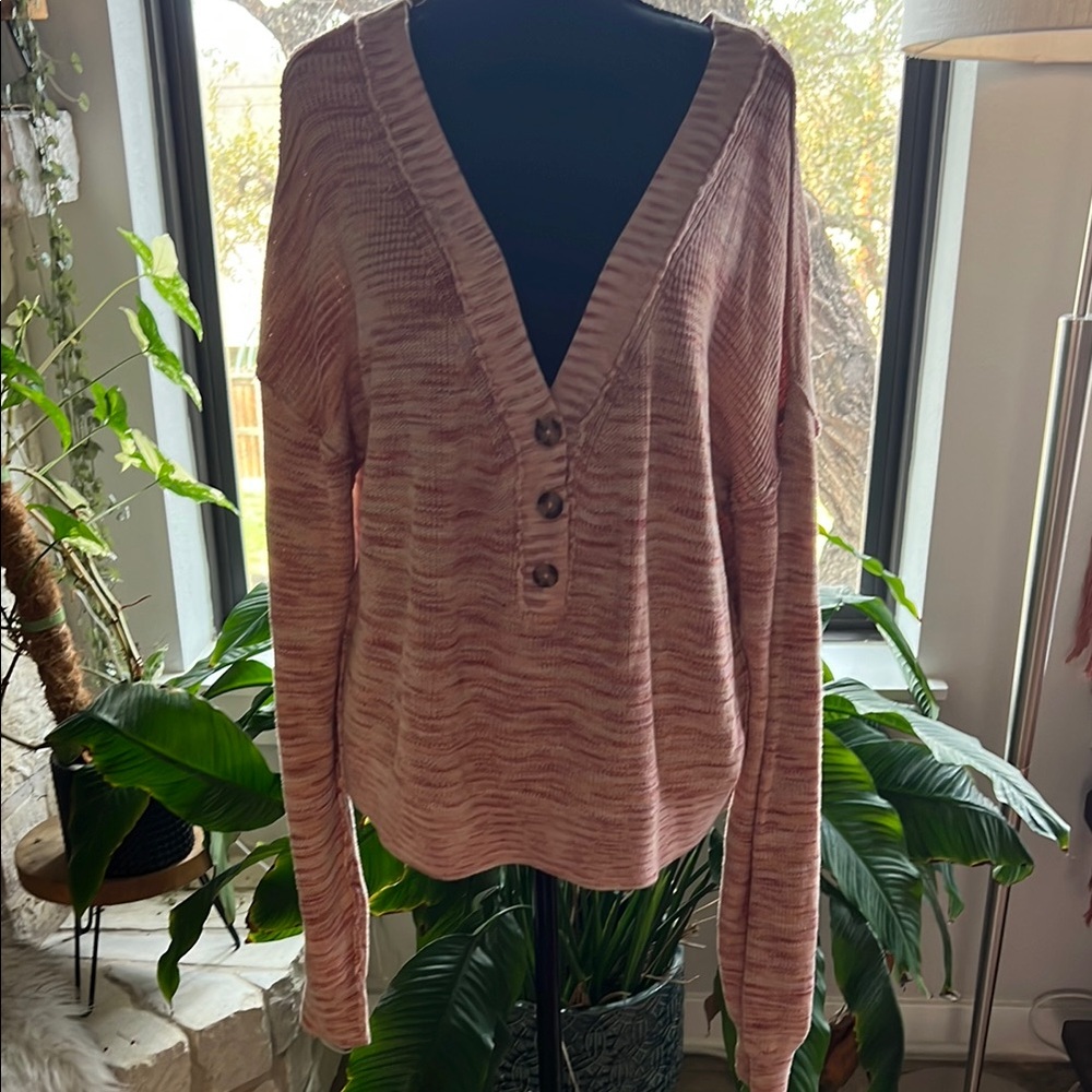 Free People Pink Knit Button Detail Sweater
